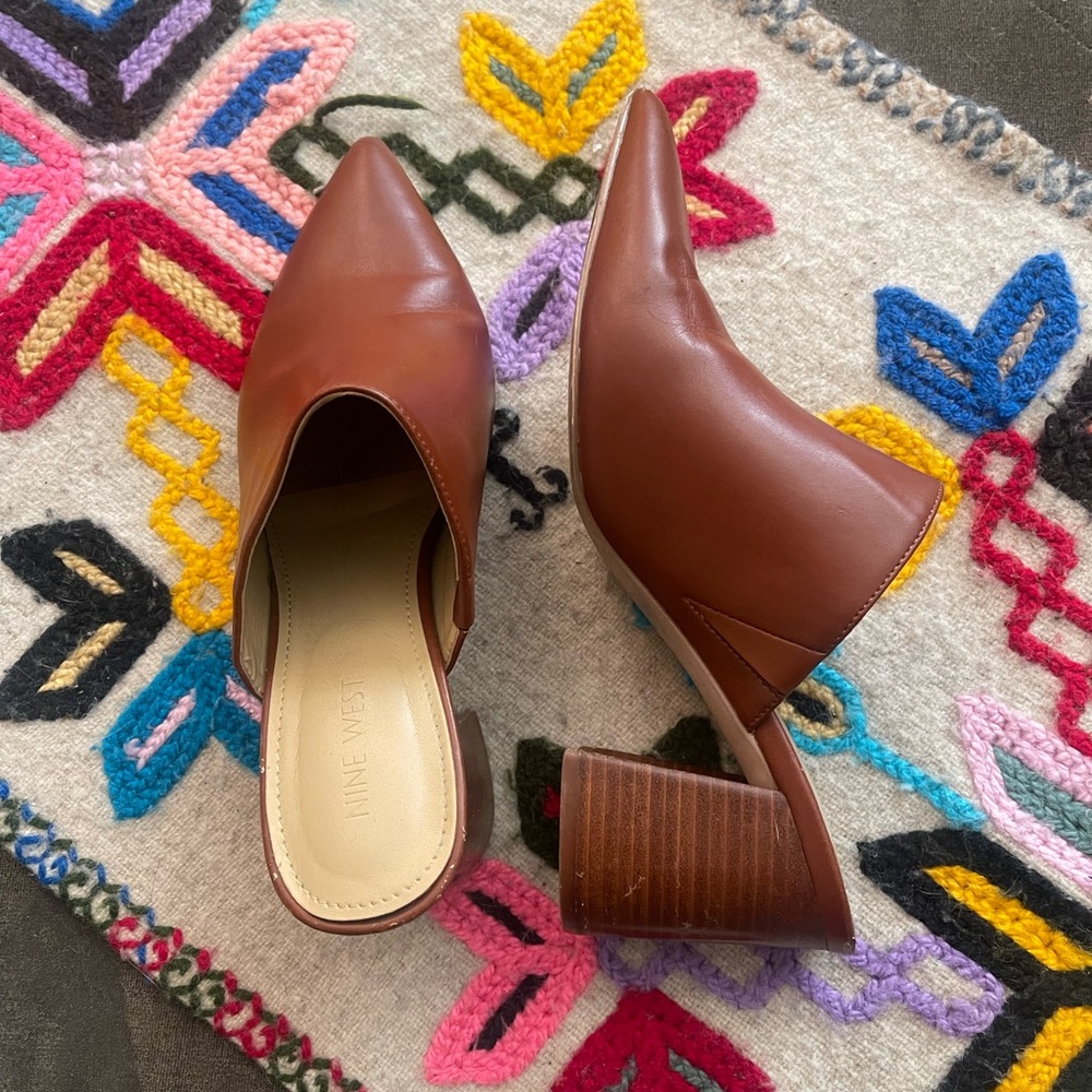 Nine West Brown Mules with Block Heel and Almond Toe